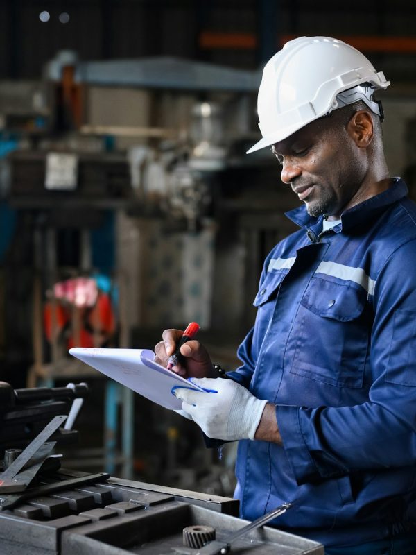 Professional male industrial worker in white hard hat working at manufacturing